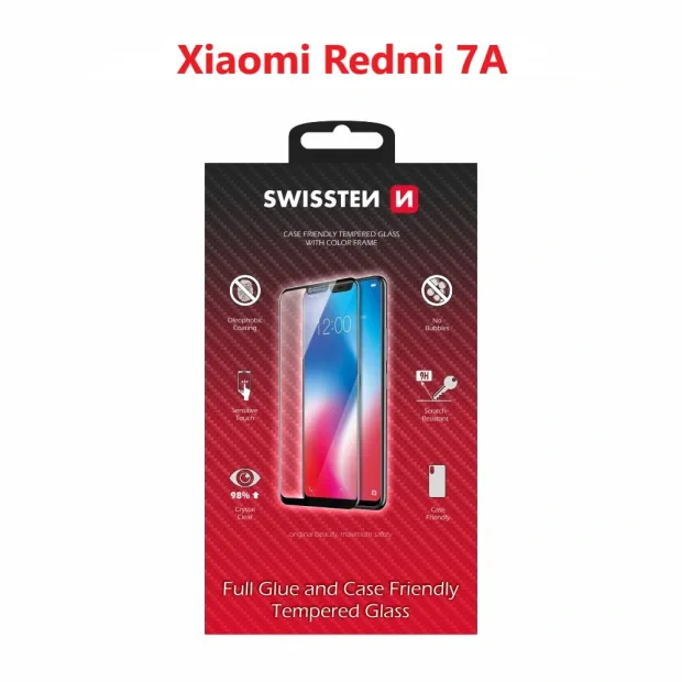 Swissten Glass Full Glue, cadru de culoare, Case friendly Xiaomi REDMI 7a Negru