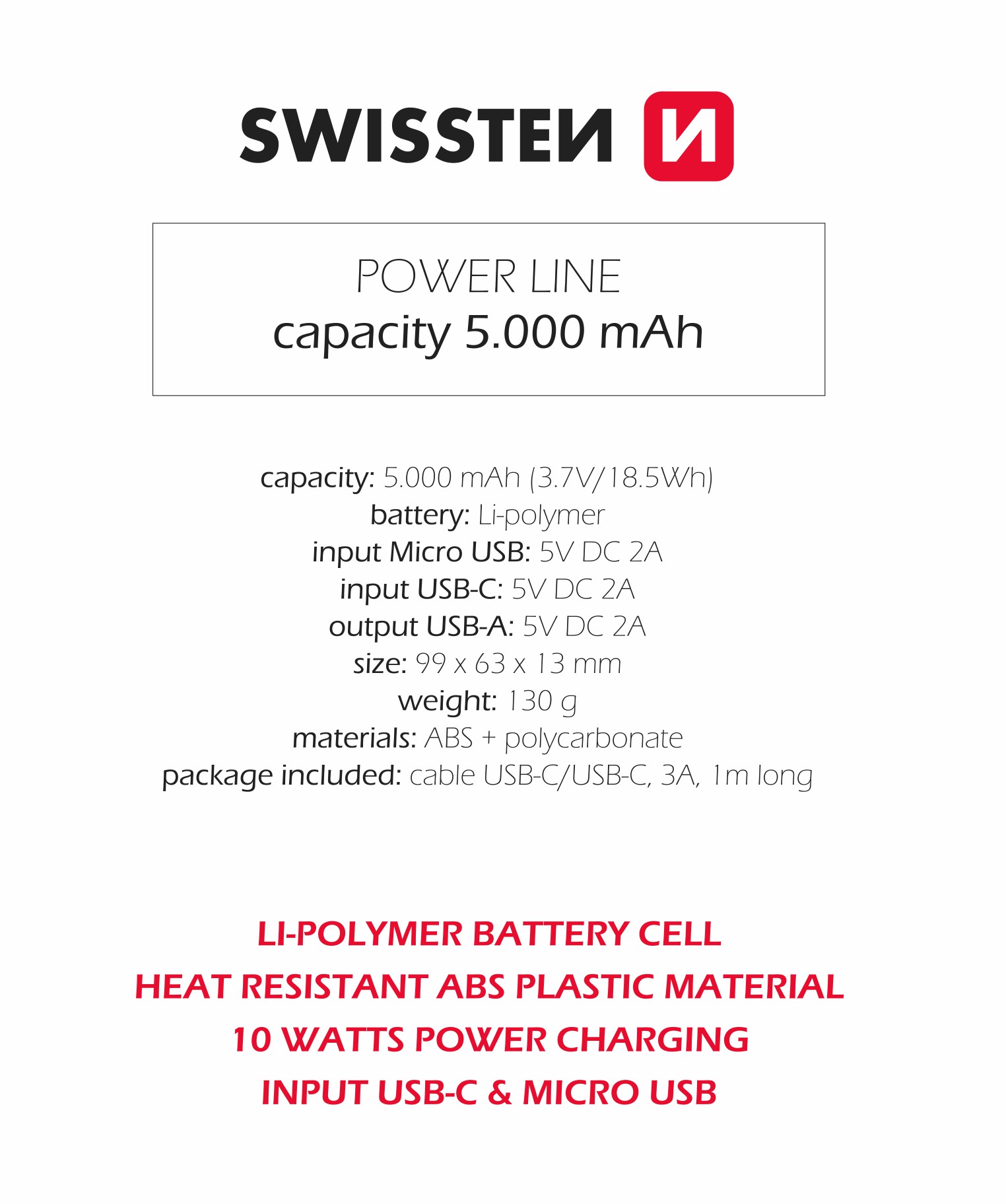 Swissten Power Line Power Bank 5000 mAh 10W Negru thumb