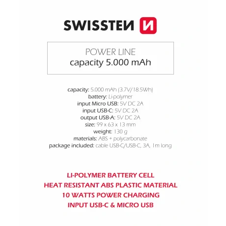 Swissten Power Line Power Bank 5000 mAh 10W Negru