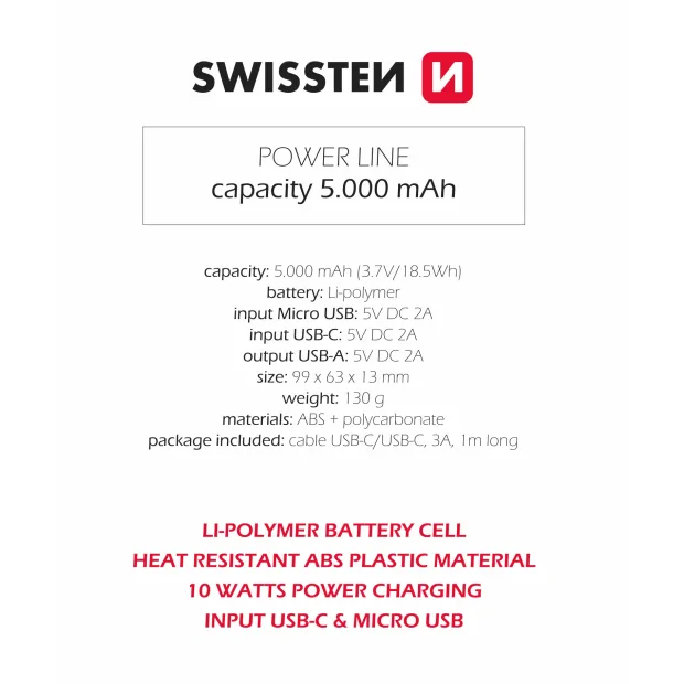 Swissten Power Line Power Bank 5000 mAh 10W Negru