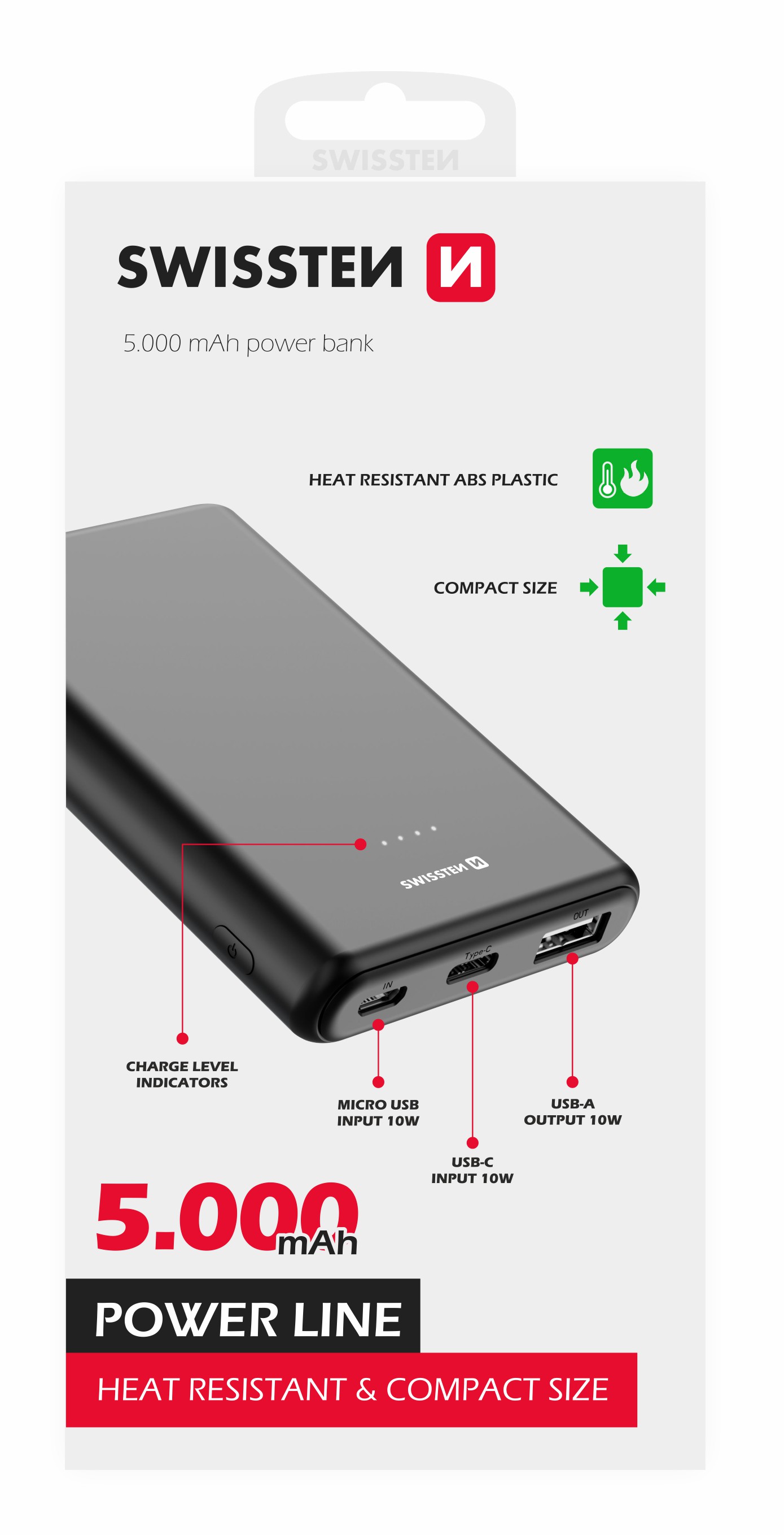 Swissten Power Line Power Bank 5000 mAh 10W Negru thumb