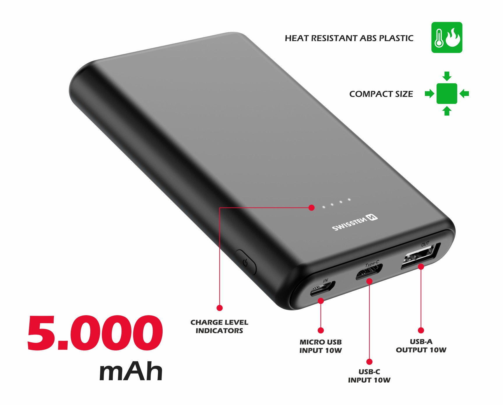 Swissten Power Line Power Bank 5000 mAh 10W Negru thumb