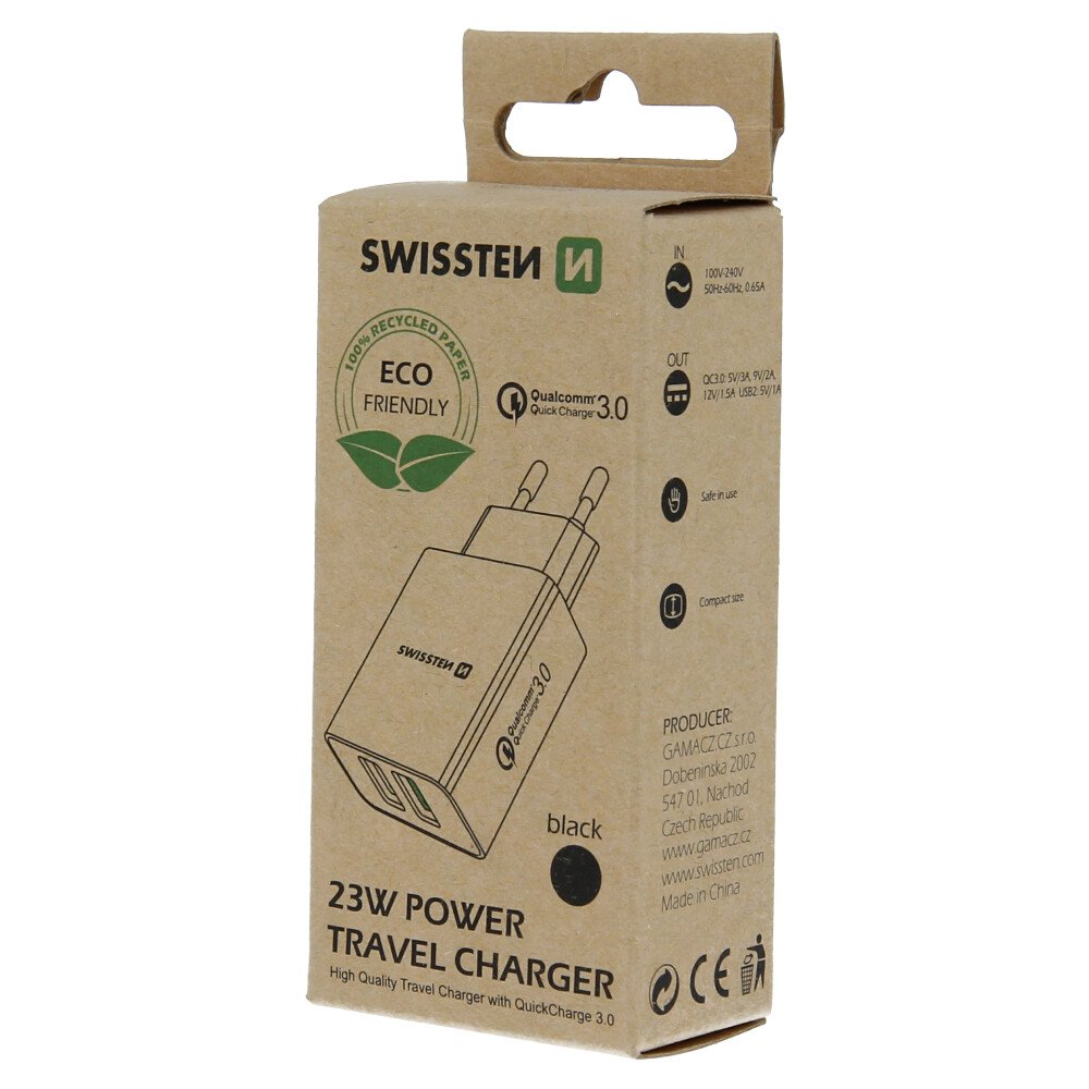 Swissten Travel Adapter 2x USB QC 3.0 + USB, 23W Negru (pachet Eco) thumb