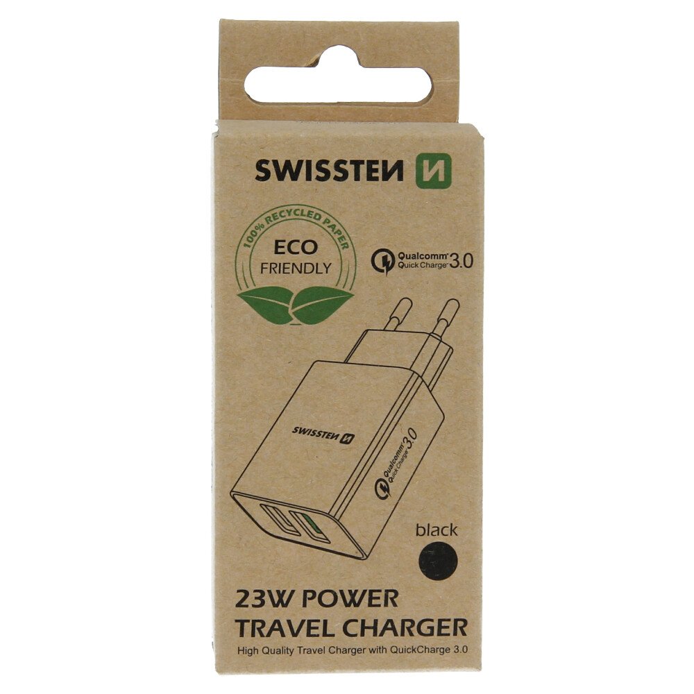 Swissten Travel Adapter 2x USB QC 3.0 + USB, 23W Negru (pachet Eco) thumb