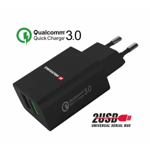 Swissten Travel Adapter 2x USB QC 3.0 + USB, 23W Negru (pachet Eco)