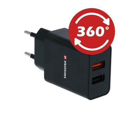 Swissten Travel Adapter 2x USB QC 3.0 + USB, 23W Negru (pachet Eco) thumb