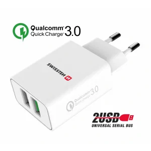 Incarcator Retea Swissten 2xUsb Qc 3.0+Usb, 23W Alb