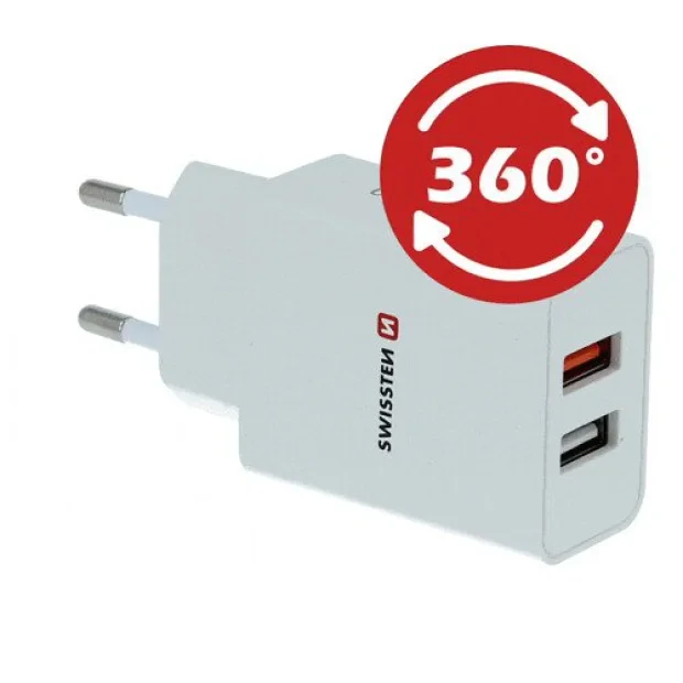 Incarcator Retea Swissten 2xUsb Qc 3.0+Usb, 23W Alb