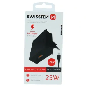 Adaptor Swissten Travel  Super Charging 25W + USB-C/USB-C 1,2 m Cablu de date Negru