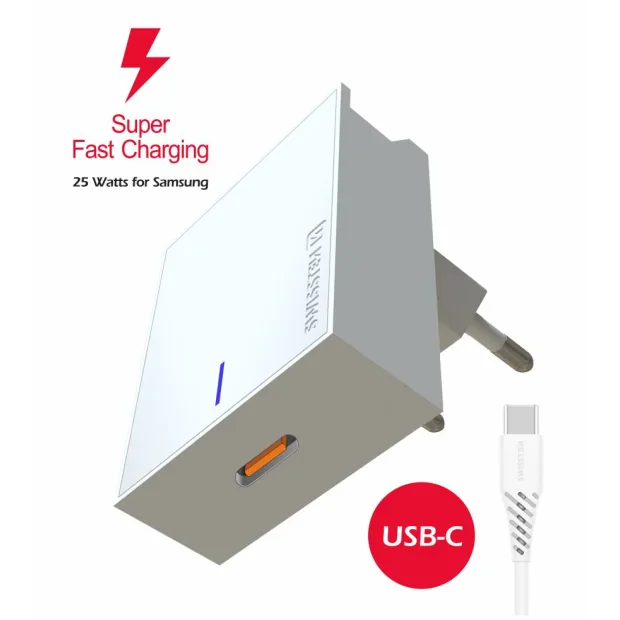Adaptor Swissten Travel Super Charging 25W + Cablu de date USB-C/USB-C 1,2 m Alb
