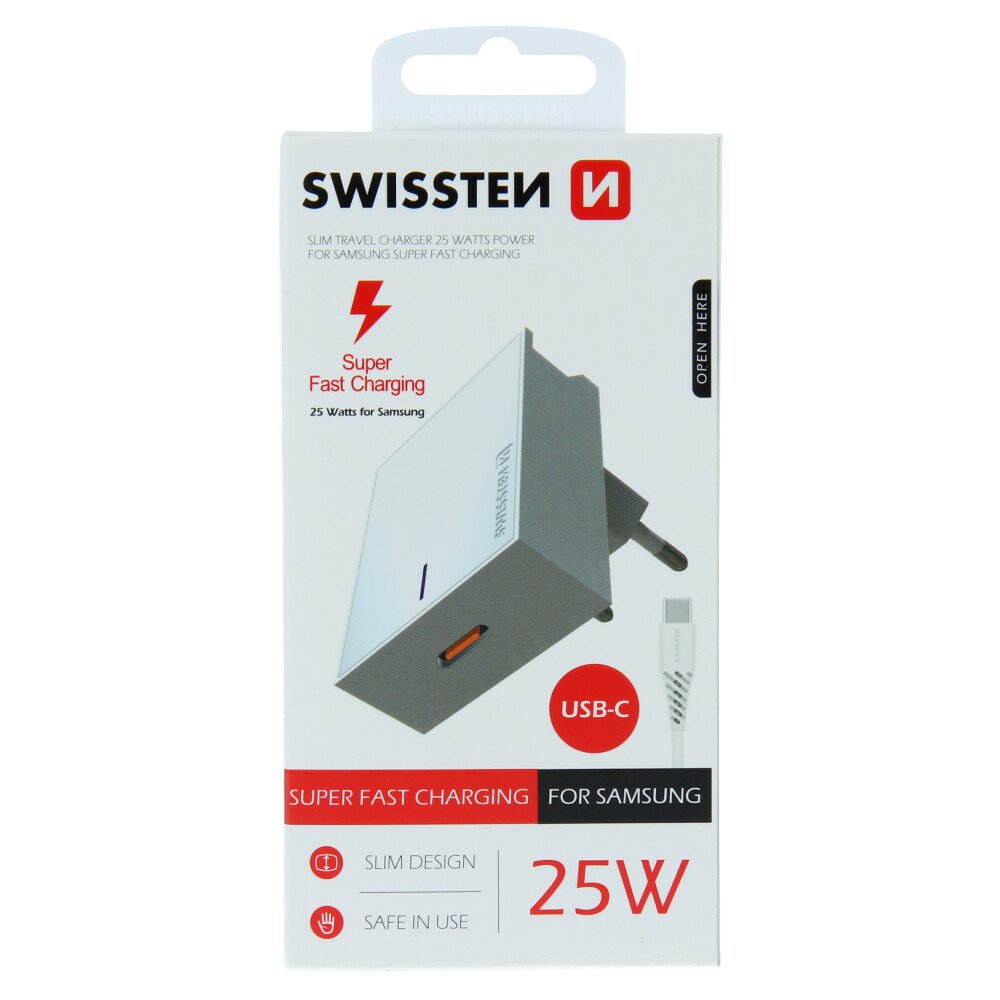 Adaptor Swissten Travel Super Charging 25W + Cablu de date USB-C/USB-C 1,2 m Alb thumb