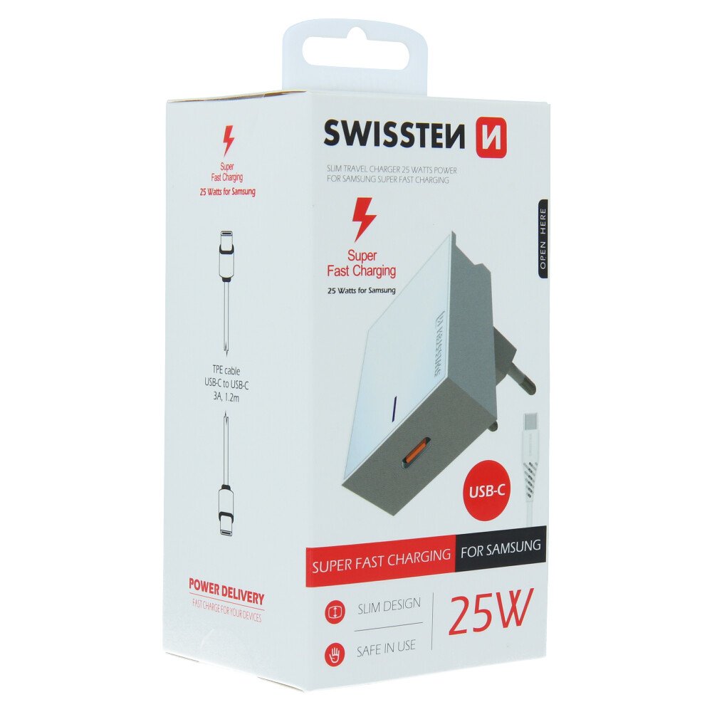 Adaptor Swissten Travel Super Charging 25W + Cablu de date USB-C/USB-C 1,2 m Alb thumb