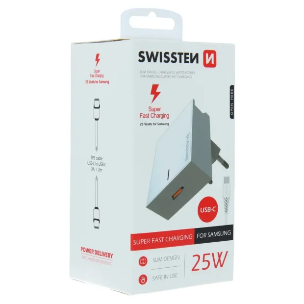 Adaptor Swissten Travel Super Charging 25W + Cablu de date USB-C/USB-C 1,2 m Alb