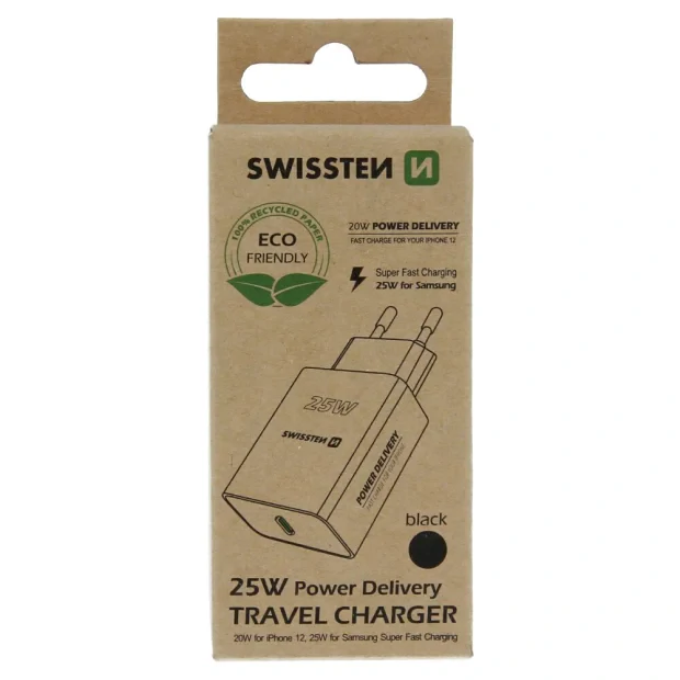 Swissten Travel Adapter PD 25W PRO iPhone si Samsung Negru (pachet eco)