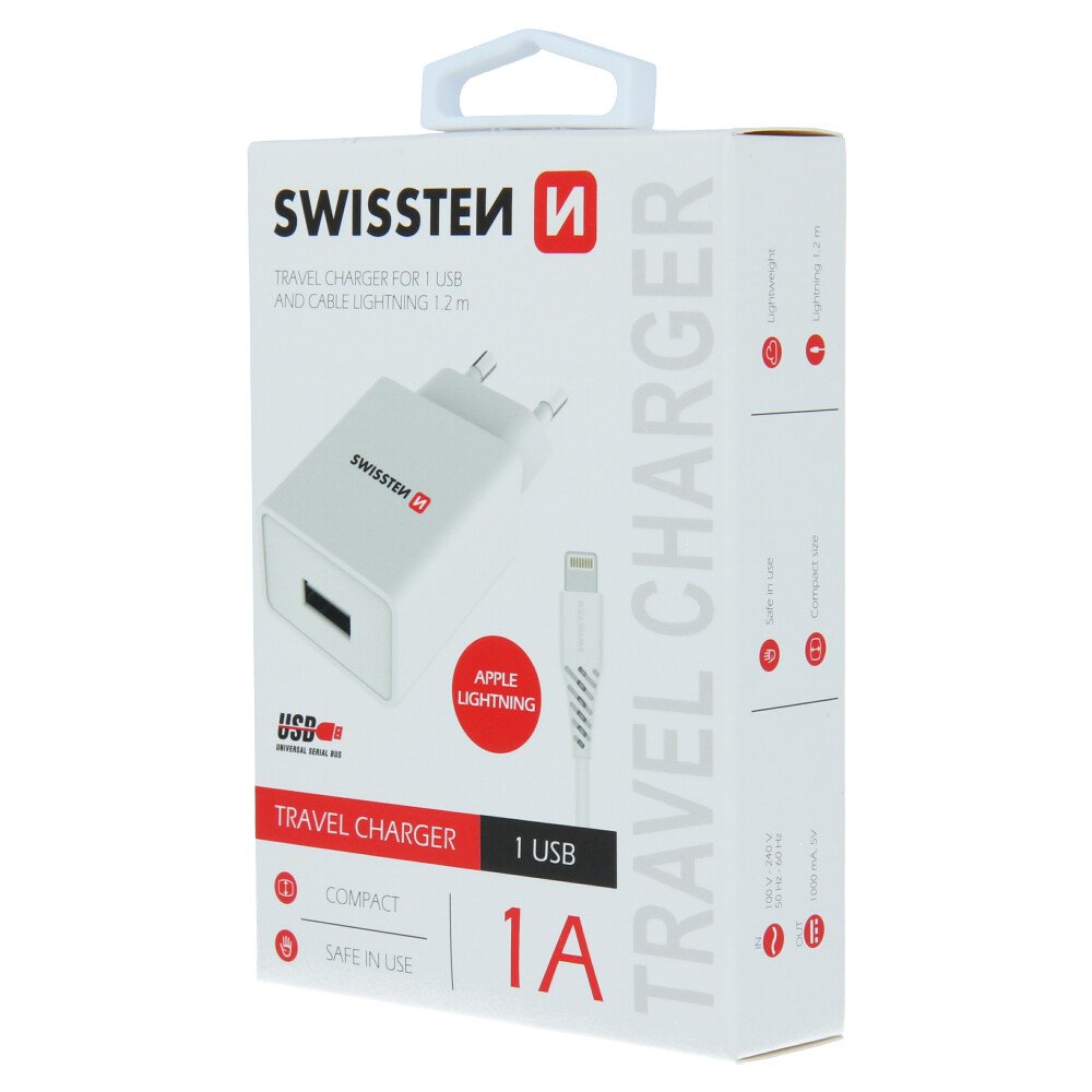 Swissten Travel Adapter Smart IC 1X USB 1A Power + Cablu de date USB / Lightning 1,2 m Alb thumb