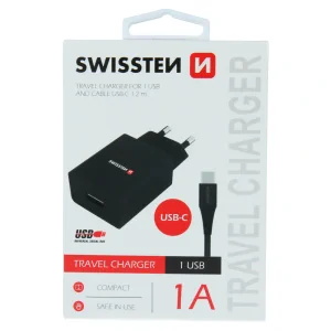 Swissten Travel Adapter Smart IC 1X USB 1A Power + Cablu de date USB / Type C 1.2 M Negru