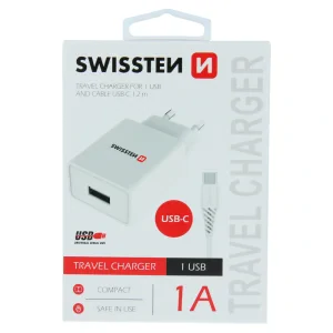 Swissten Travel Adapter Smart IC 1X USB 1A Power + Cablu de date USB / Type C 1.2 M Alb