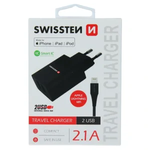 Swissten Travel Adapter Smart IC 2x USB 2.1A Power + Date Cablu USB / Lightning MFI 1,2 M Negru