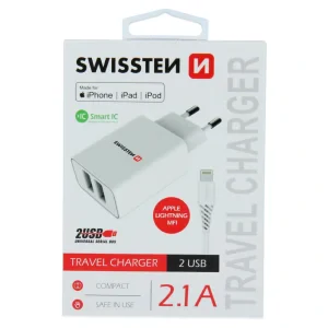 Swissten Travel Adapter Smart IC 2X USB 2.1A Power + Date Cablu USB / Lightning MFI 1,2 M Alb