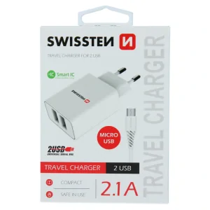 Swissten Travel Adapter Smart IC 2X USB 2.1A Power + Cablu de date USB / Micro USB 1,2 M Alb