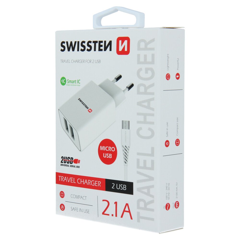 Swissten Travel Adapter Smart IC 2X USB 2.1A Power + Cablu de date USB / Micro USB 1,2 M Alb thumb