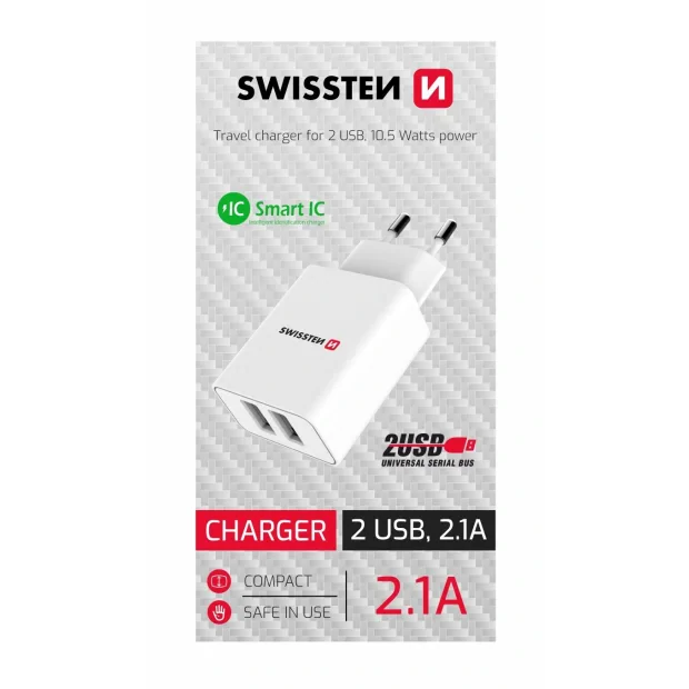 Swissten Travel Adapter Smart IC 2X USB 2.1A Power Alb 