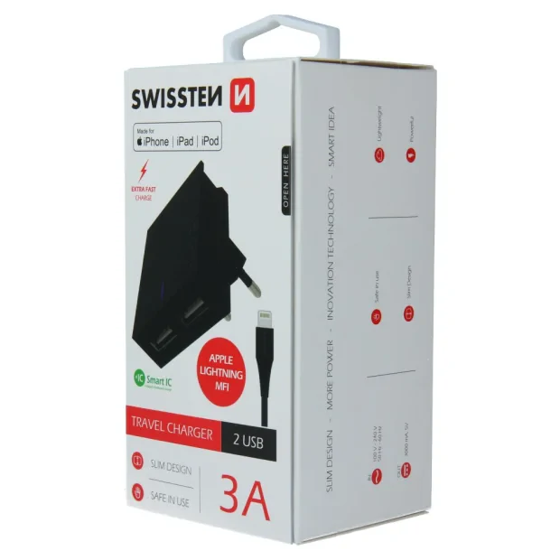 Swissten Travel Adapter Smart IC 2x USB 3A Power + Cablu de date USB / Lightning MFI 1,2 M Negru
