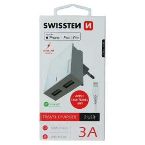 Swissten Travel Adapter Smart IC 2x USB 3A Power + Cablu de date USB / Lightning MFI 1,2 M Alb