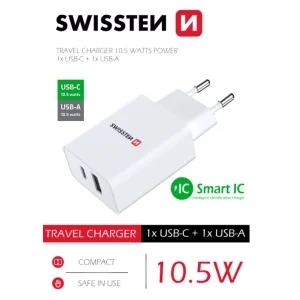 Swissten Travel Adapter 1x USB-C + 1X USB 2.1A 10.5W Alb