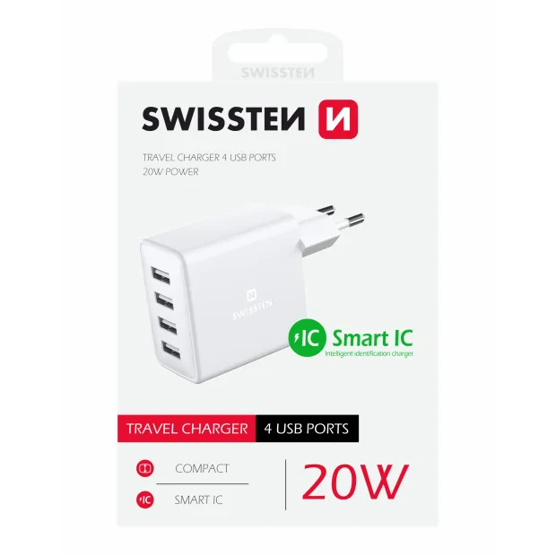 Swissten Travel Adapter 4X USB 4A 20W Alb