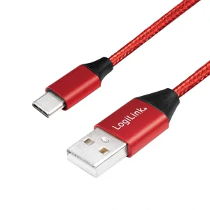 CABLU alimentare si date LOGILINK, pt. smartphone, USB 2.0 (T) la USB 2.0 Type-C (T), 0.3m, premium, cablu cu impletire din bumbac, rosu, &quot;CU0147&quot;