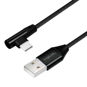 CABLU alimentare si date LOGILINK, pt. smartphone, USB 2.0 (T) la USB 2.0 Type-C (T) la 90 grade, 1m, premium, cablu cu impletire din bumbac, negru, &quot;CU0138&quot;