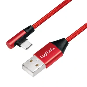 CABLU alimentare si date LOGILINK, pt. smartphone, USB 2.0 (T) la USB 2.0 Type-C (T) la 90 grade, 1m, premium, cablu cu impletire din bumbac, rosu, &quot;CU0146&quot; (include TV 0.06 lei)