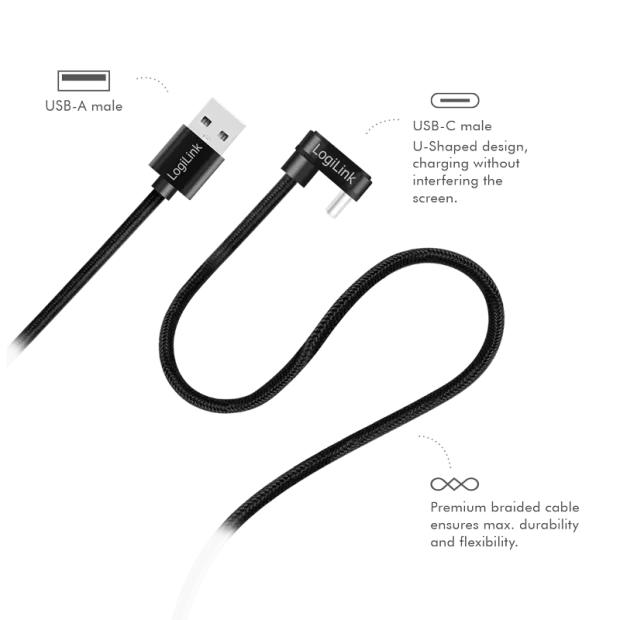 CABLU alimentare si date LOGILINK, pt. smartphone, USB 2.0, USB Type-C (T) la USB-A (T) la 180 grade, 1m, 2 x ecranat, aluminiu, negru, &quot;CU0192&quot;