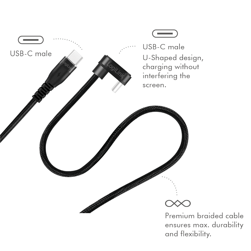 CABLU alimentare si date LOGILINK, pt. smartphone, USB 2.0, USB Type-C (T) la USB Type-C (T) la 180 grade, 1m, 2 x ecranat, aluminiu, negru, "CU0190" thumb