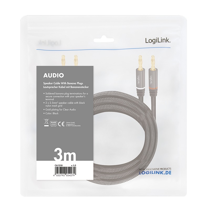 CABLU audio LOGILINK stereo (2 x 2.5 mm jack T/T), 3m, conectori auriti, negru "CA1210" (include TV 0.18lei) thumb