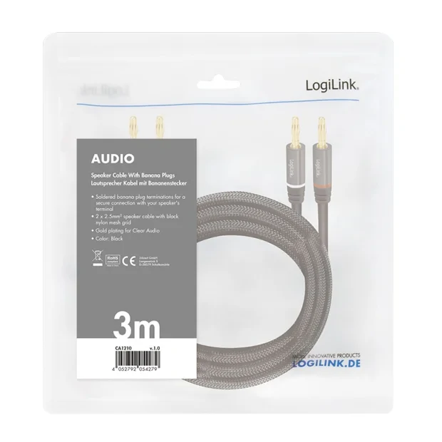 CABLU audio LOGILINK stereo (2 x 2.5 mm jack T/T), 3m, conectori auriti, negru &quot;CA1210&quot; (include TV 0.18lei)