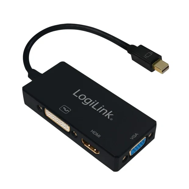 CABLU video LOGILINK, splitter Mini-DisplayPort (T) la HDMI (M) + DVI-I DL (M) + VGA (M), 10cm, rezolutie maxima 4K UHD (3840 x 2160) la 30 Hz, negru, &quot;CV0110&quot;