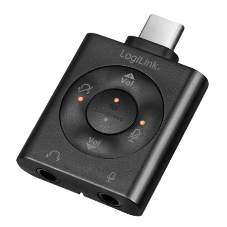 CONVERTOR audio LOGILINK, intrare: 1 x USB-C (T), iesire: 2 x 3.5&quot; jack (M),  24-bit, 96KHz, egalizator cu 7.1 surround, volum, mute, built-in microfon, black, &quot;UA0365&quot; (include TV 0.18lei)