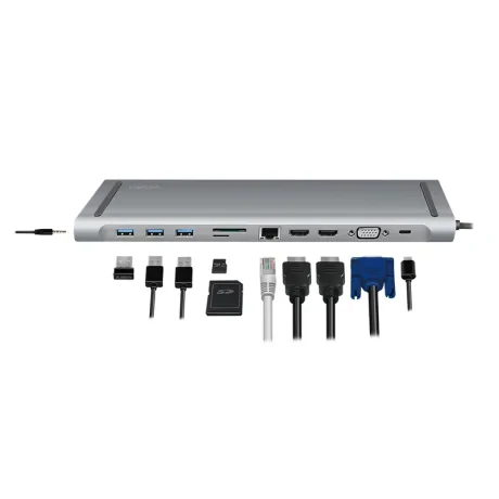 DOCKING Station LOGILINK universal, conectare PC USB 3.1, USB 3.0 x 3, porturi video VGA x 1, HDMI x 2, RJ-45, card reader, PD 3.0 pana la 100W, argintiu, &quot;UA0373&quot; (include TV 0.18lei)