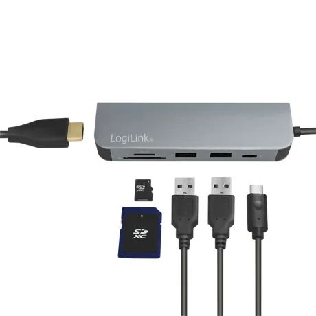 DOCKING Station LOGILINK universal, conectare PC USB 3.2, USB 3.0 x 2, porturi video HDMI x 1, card reader, PD 2.0 pana la 60W, argintiu, &quot;UA0343&quot; (include TV 0.18lei)