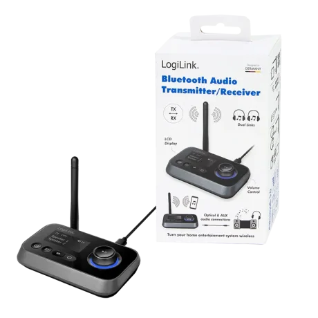 RECEIVER &amp; Transmitter audio Logilink, conectare prin Jack 3.5mm &amp; S/PDIF in/out, distanta 10 m (pana la), Bluetooth v5.0, suporta dual stream in TX mode, indicator LCD 1.8&quot;, antena, incarcare USB-C, black, &quot;BT0062&quot;