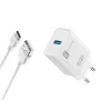 Set Incarcator Retea Cellularline 18W cu cablu Usb- Usb-C 1m Alb