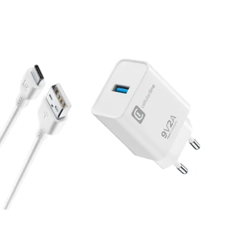 Set Incarcator Retea Cellularline 18W cu cablu Usb- Usb-C 1m Alb