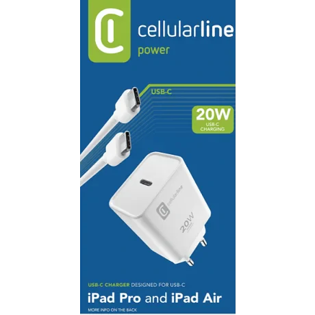 Set Incarcator Retea Cellularline 20W Type-C cu calbu Usb C-Usb C  Alb
