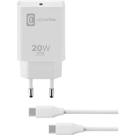 Set Incarcator Retea Cellularline 20W Type-C cu calbu Usb C-Usb C  Alb