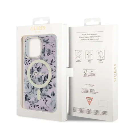 Husa Guess PC/TPU Flowers IML MagSafe pentru iPhone 13 Pro Pink