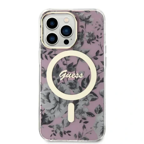 Husa Guess PC/TPU Flowers IML MagSafe pentru iPhone 13 Pro Pink