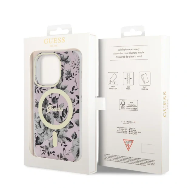 Husa Guess PC/TPU Flowers IML MagSafe  pentru iPhone 14 Pro Pink