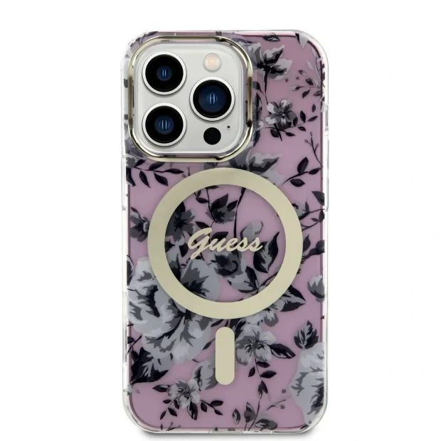 Husa Guess PC/TPU Flowers IML MagSafe  pentru iPhone 14 Pro Pink